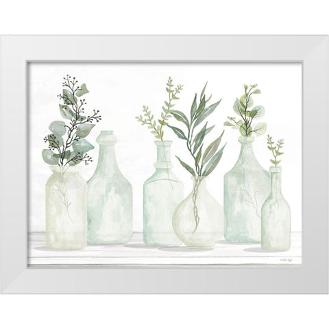 Bottles and Greenery I White Modern Wood Framed Art Print by Jacobs, Cindy