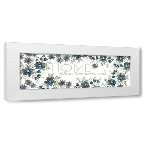 HOME - Where Love Never Ends White Modern Wood Framed Art Print by Jacobs, Cindy