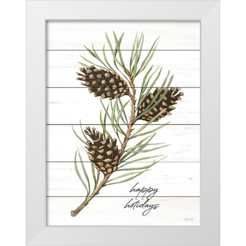 Happy Holidays Pine Cones White Modern Wood Framed Art Print by Jacobs, Cindy