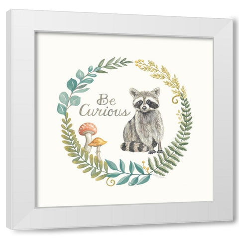 Be Curious Raccoon White Modern Wood Framed Art Print by Strain, Deb