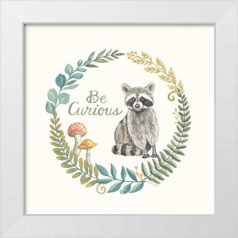 Be Curious Raccoon White Modern Wood Framed Art Print by Strain, Deb