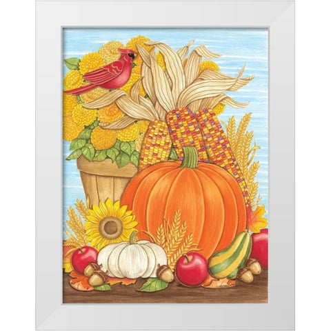 Fall Pumpkin And Cardinal White Modern Wood Framed Art Print by Strain, Deb