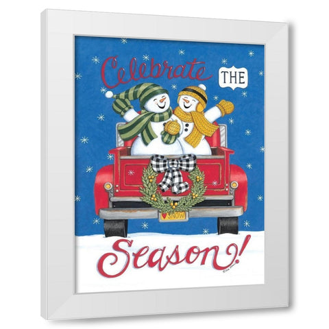 Pickup Truck And Snowman White Modern Wood Framed Art Print by Strain, Deb