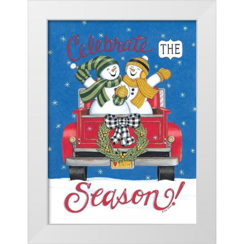 Pickup Truck And Snowman White Modern Wood Framed Art Print by Strain, Deb