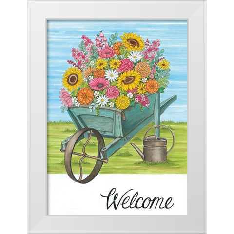 Welcome Wheelbarrow White Modern Wood Framed Art Print by Deb Strain