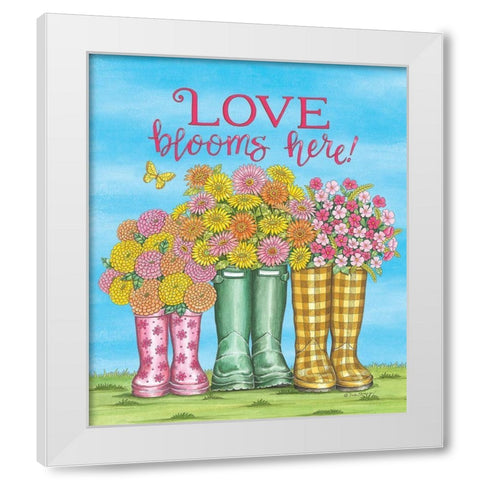 Love Blooms Here Wellies White Modern Wood Framed Art Print by Strain, Deb