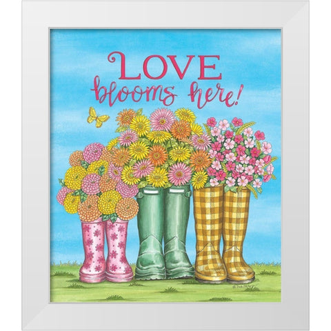 Love Blooms Here Wellies White Modern Wood Framed Art Print by Strain, Deb