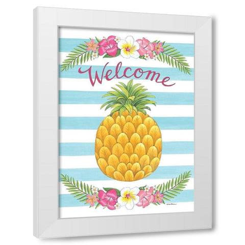 Welcome Tropical Pineapple White Modern Wood Framed Art Print by Strain, Deb