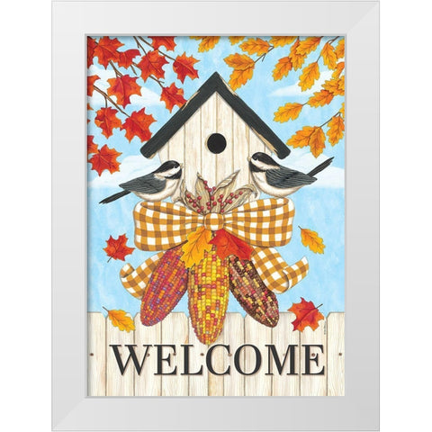 Welcome Autumn Leaves White Modern Wood Framed Art Print by Strain, Deb