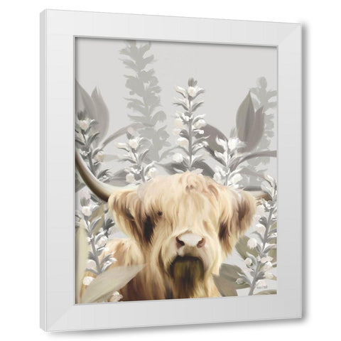 Hairy Highland in the Field White Modern Wood Framed Art Print by House Fenway