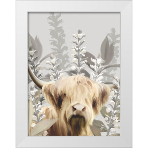 Hairy Highland in the Field White Modern Wood Framed Art Print by House Fenway