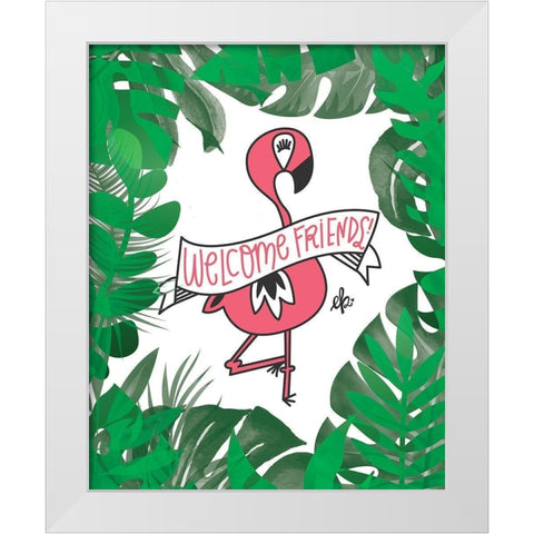 Flamingo Welcome Friends White Modern Wood Framed Art Print by Barrett, Erin
