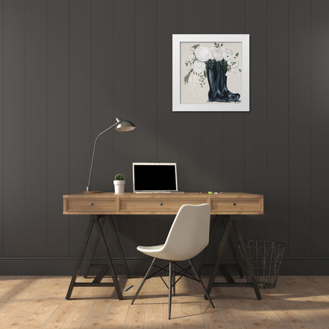 Flowers and Black Boots White Modern Wood Framed Art Print by Hollihocks Art