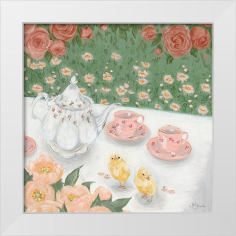 Tea Party White Modern Wood Framed Art Print by Hollihocks Art