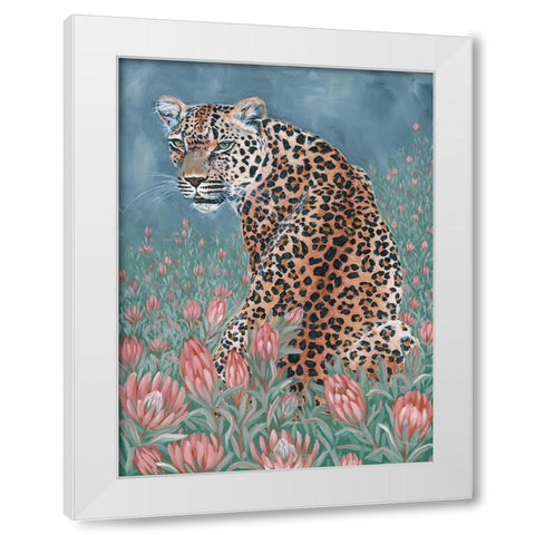 Leopard in the Flowers White Modern Wood Framed Art Print by Hollihocks Art
