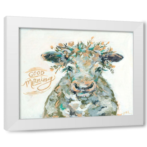 Good Morning Cow White Modern Wood Framed Art Print by Mingo, Jessica