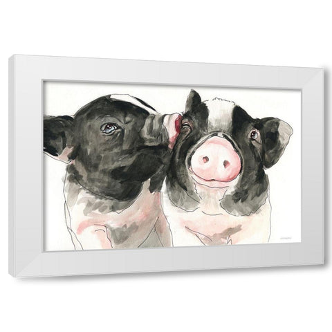 Piglet Kisses White Modern Wood Framed Art Print by Kamdon Kreations