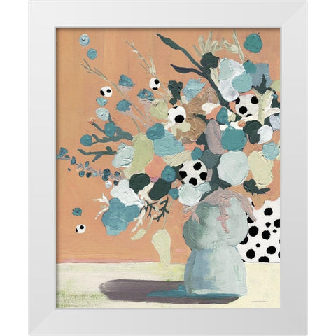 Peach Polka Dot Floral White Modern Wood Framed Art Print by Kamdon Kreations