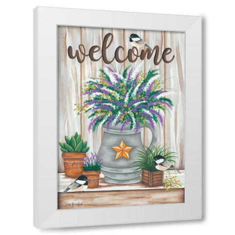Chickadee Welcome White Modern Wood Framed Art Print by Kennedy, Lisa