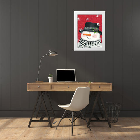 Holly and Black Plaid Snowman White Modern Wood Framed Art Print by Kennedy, Lisa