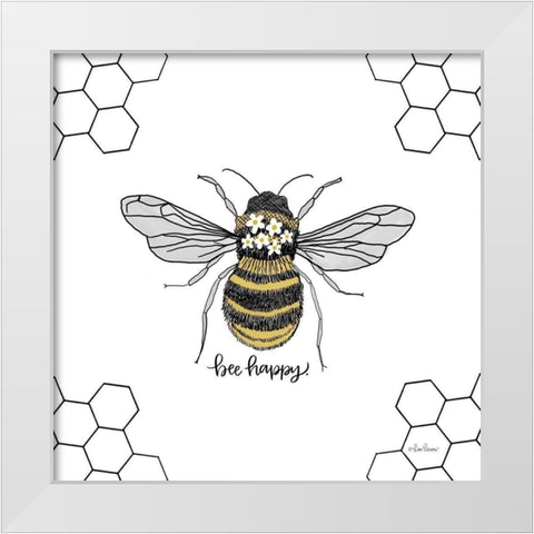 Bee Happy White Modern Wood Framed Art Print by Larson, Lisa