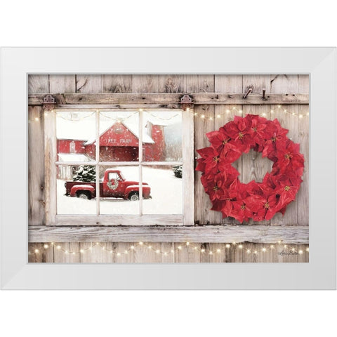 Poinsettia Wreath Window View    White Modern Wood Framed Art Print by Deiter, Lori