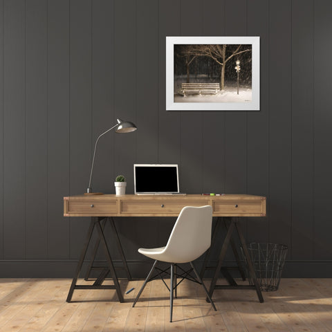 Snowy Bench White Modern Wood Framed Art Print by Deiter, Lori