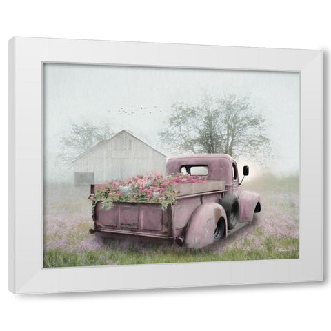 Pink Flower Truck White Modern Wood Framed Art Print by Deiter, Lori