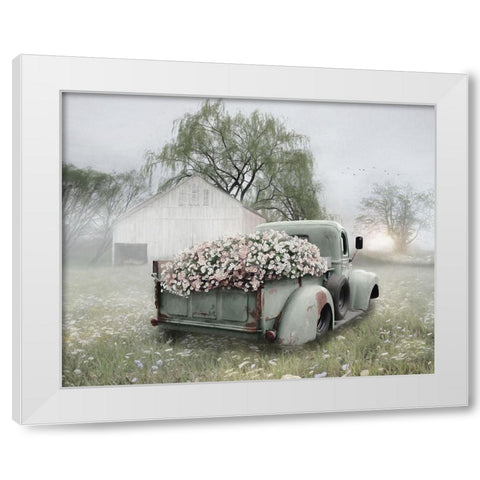 Sage Green Truck with  Blush Petunias    White Modern Wood Framed Art Print by Deiter, Lori