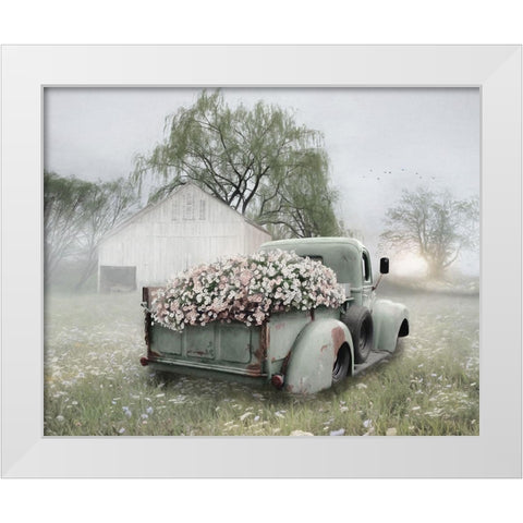 Sage Green Truck with  Blush Petunias    White Modern Wood Framed Art Print by Deiter, Lori