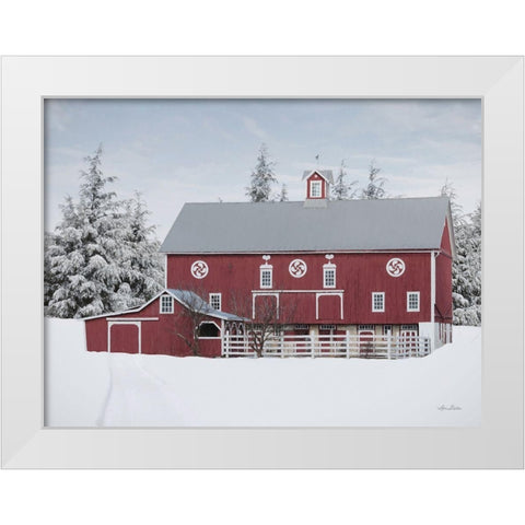 Red Barn in the Pines White Modern Wood Framed Art Print by Deiter, Lori