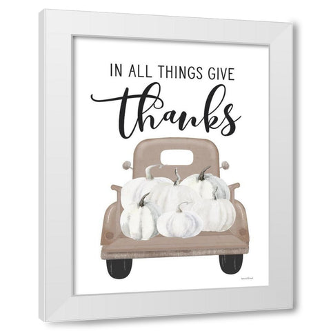 Give Thanks Pumpkin Truck White Modern Wood Framed Art Print by Lettered And Lined