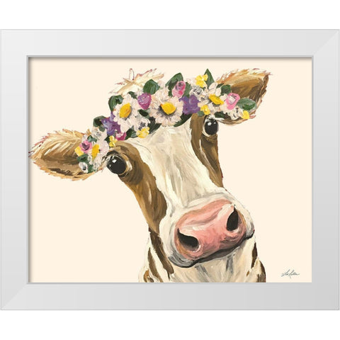 Miss Moo Moo with Flower Crown White Modern Wood Framed Art Print by Keller, Lee