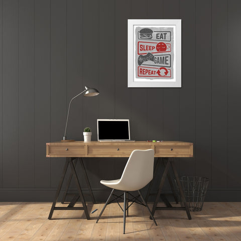 Eat-Sleep-Game-Repeat White Modern Wood Framed Art Print by Lux + Me Designs