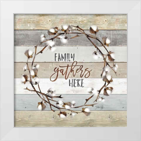 Family Gathers Here Cotton Wreath White Modern Wood Framed Art Print by Rae, Marla