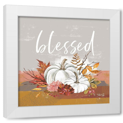 Blessed Pumpkin and Fall Flowers White Modern Wood Framed Art Print by Rae, Marla