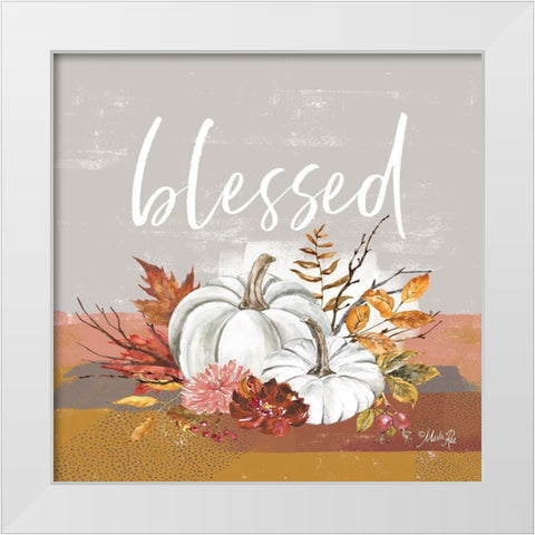Blessed Pumpkin and Fall Flowers White Modern Wood Framed Art Print by Rae, Marla