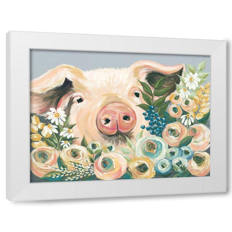 Pig in the Flower Garden White Modern Wood Framed Art Print by Norman, Michele