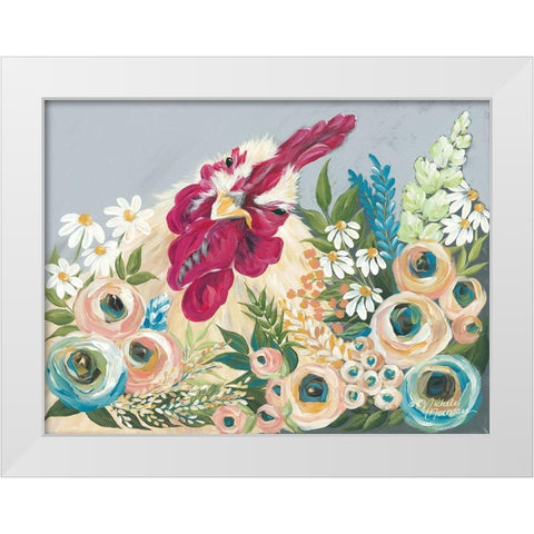 Hen in the Flower Garden White Modern Wood Framed Art Print by Norman, Michele