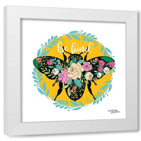 Be Kind Floral Bee White Modern Wood Framed Art Print by Norman, Michele