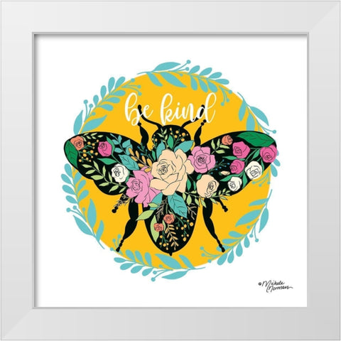Be Kind Floral Bee White Modern Wood Framed Art Print by Norman, Michele