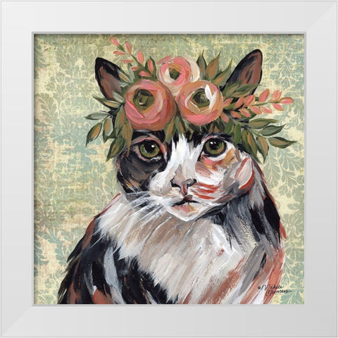 Cat with Floral Crown White Modern Wood Framed Art Print by Norman, Michele