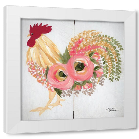 Floral Rooster on White White Modern Wood Framed Art Print by Norman, Michele