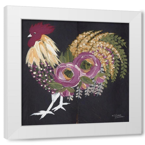 Floral Rooster on Black White Modern Wood Framed Art Print by Norman, Michele
