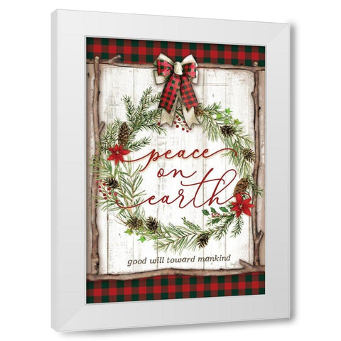 Peace on Earth Buffalo Plaid White Modern Wood Framed Art Print by Mollie B.