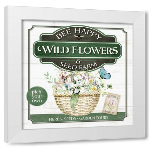 Bee Happy Wildflowers White Modern Wood Framed Art Print by Mollie B.