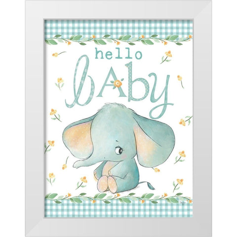 Hello Baby Elephant Blue White Modern Wood Framed Art Print by Mollie B.