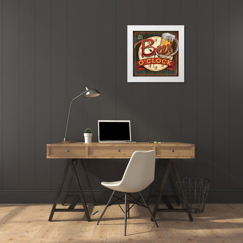 Beer Oclock White Modern Wood Framed Art Print by Mollie B.
