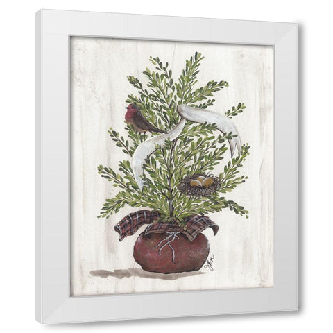 Burlap Tree with Birdie And Nest White Modern Wood Framed Art Print by Norkus, Julie