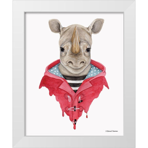 Rhino in a Raincoat White Modern Wood Framed Art Print by Nieman, Rachel